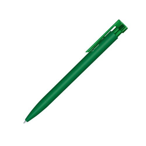 Dunkelgrner Bio-Kugelschreiber mit Clip und Druckmechanismus.