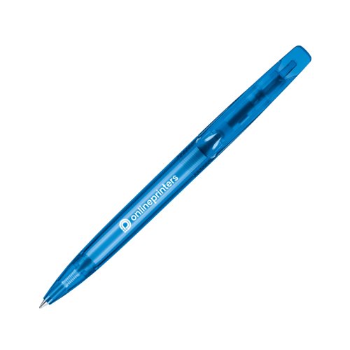 Blauer Drehkugelschreiber aus Kunststoff mit Muster.