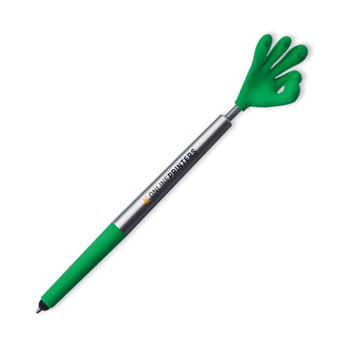 Grner Kunststoff-Kugelschreiber mit Hand-Motiv und Druckmechanismus.