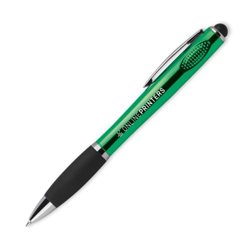Grner LED-Kugelschreiber mit Clip und Touchpen-Funktion.