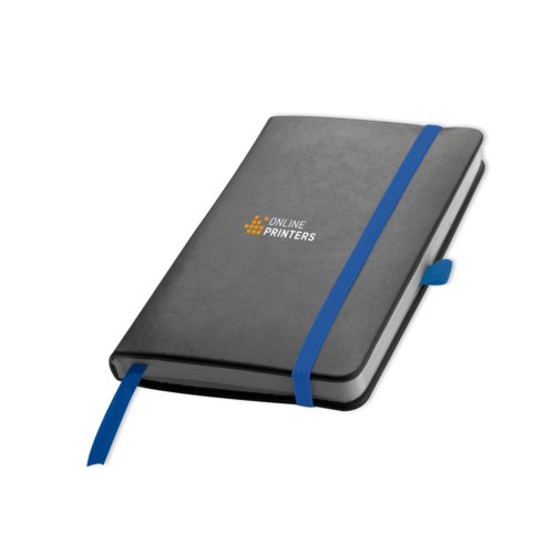 Blaues Notizbuch mit Hardcover, Gummibandverschluss und Leseband.