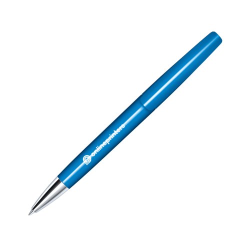 Blauer Kugelschreiber mit Metallspitze und Drehmechanismus.