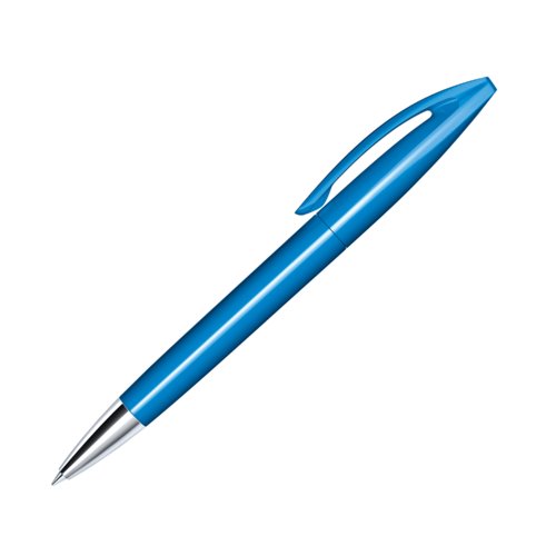 Blauer Kunststoff-Kugelschreiber mit Metallspitze und Clip.