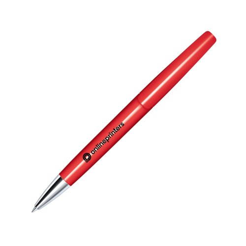Roter Kunststoff-Drehkugelschreiber mit Metallspitze.