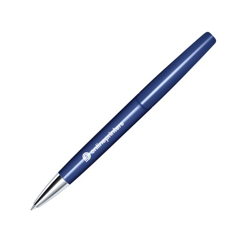 Dunkelblauer Kugelschreiber mit Metallelementen und Druckknopf.