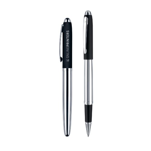 Schwarzer Rollerball Stift mit Metallelementen und weicher Oberflche.