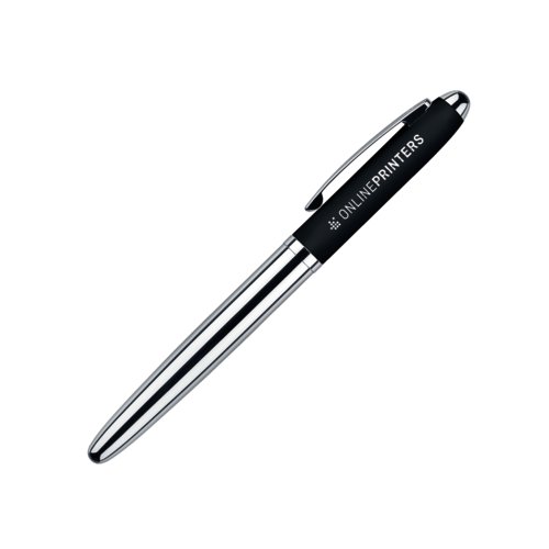 Schwarzer Rollerball Stift aus Kunststoff mit Metallelementen und weicher Oberflche.