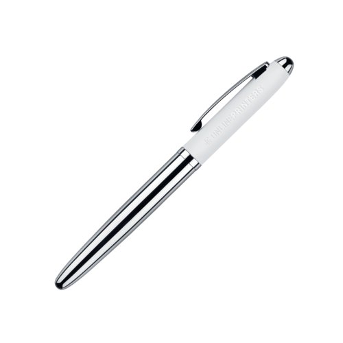 Weier Rollerball Stift mit Metallelementen und weicher Oberflche.
