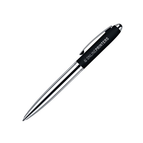 Schwarzer Drehkugelschreiber mit Metallelementen und Soft-Touch-Oberflche.