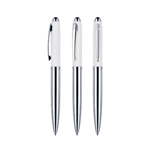 Weier Drehkugelschreiber mit Soft-Touch-Oberflche und Clip.