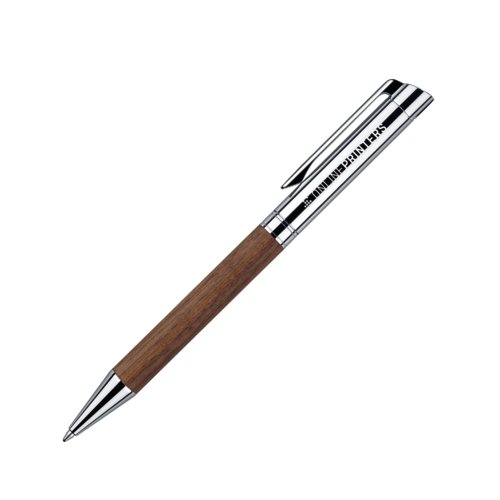 Holz-Kugelschreiber mit Drehmechanismus und Metallclip.