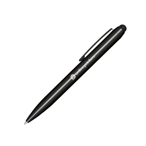Schwarzer Drehkugelschreiber aus Kunststoff mit Touchpad und Clip.