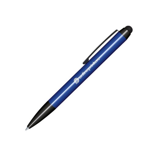 Dunkelblauer Kunststoff-Drehkugelschreiber mit Touchpad-Stift und Clip.