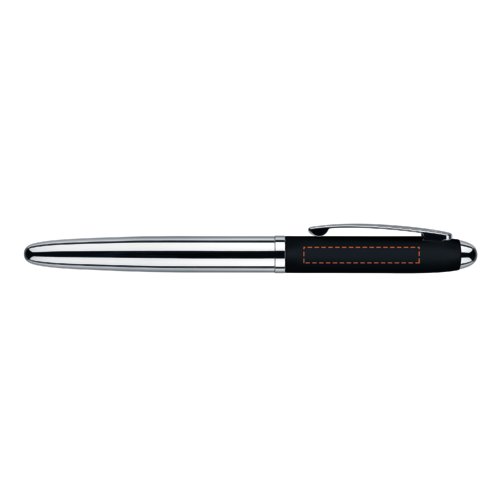 Metallfarbener Rollerball mit weicher Oberflche und Clip.