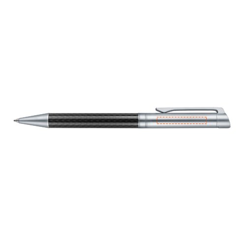 Metall-Kugelschreiber mit Carbon-Elementen, Clip und Druckmechanismus.