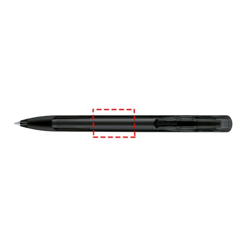 Transparenter Kugelschreiber mit weicher Griffzone und Druckmechanik.
