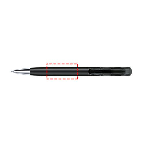 Klarer Kunststoff-Druckkugelschreiber mit Metallelementen.