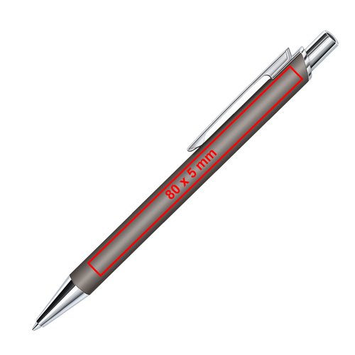 Grauer Druckkugelschreiber mit Soft-Touch-Oberflche und Clip.