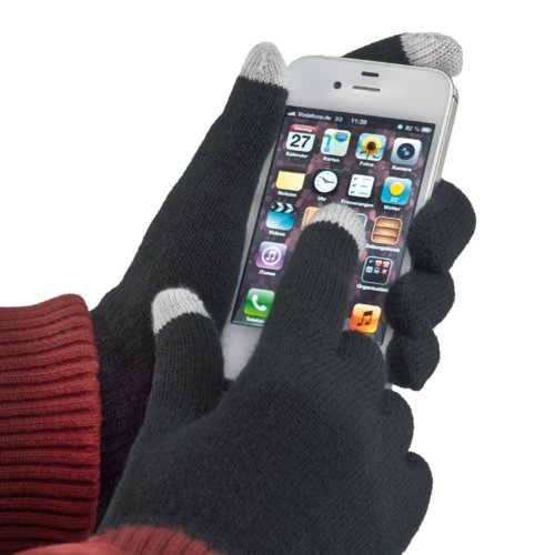 Schwarze Stoffhandschuhe mit zwei Touchscreen-kompatiblen Fingerspitzen.