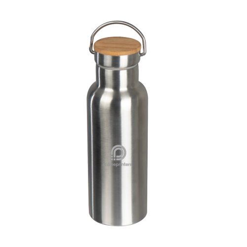 Silberne Edelstahl-Trinkflasche mit Holzdeckel und Tragegriff.