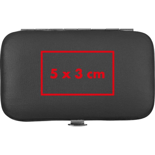 Schwarzes PU-Manikrset im Etui mit Verschluss.