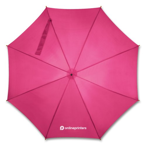 Pinkfarbener Automatik-Schirm mit Holzgriff und passender Schutzhlle.