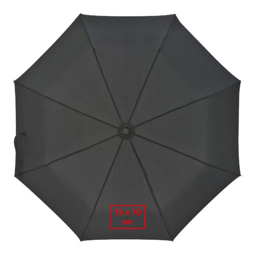 Schwarzer Taschenschirm mit Trageschlaufe und Aufspannautomatik.