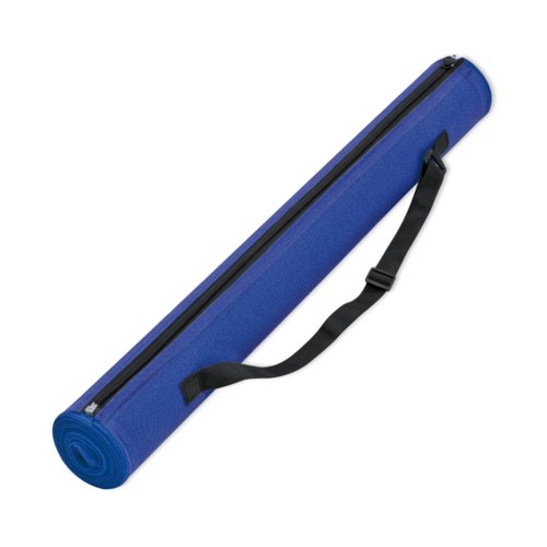 Blaue Strandmatte mit Muster und Tragegurt.