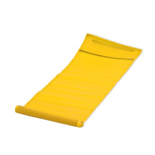 Gelbe Strandmatte aus Stoff, aufrollbar.