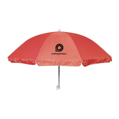 Roter Strandschirm mit Metallstange und Streben.