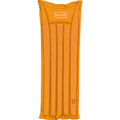 Orangefarbene Luftmatratze aus Kunststoff mit lnglicher Form.