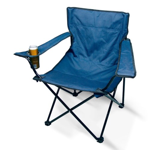 Blauer Faltbarer Stuhl aus Stoff mit Getrnkehalter.