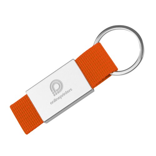 Oranger Stoff-Schlsselanhnger mit Metallring.
