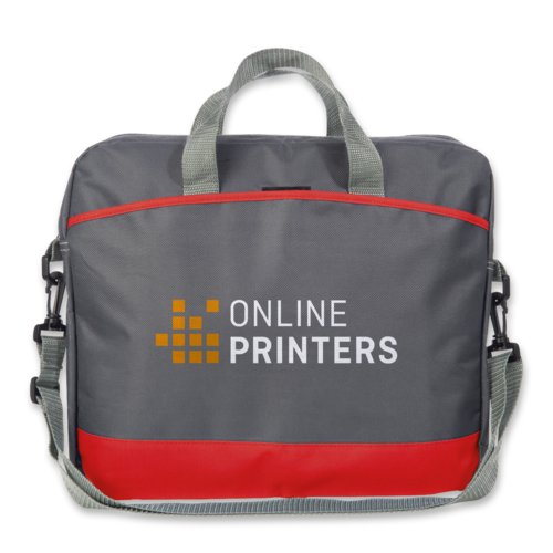 Rote Laptoptasche aus Synthetik mit Tragegriffen und Schultergurt.