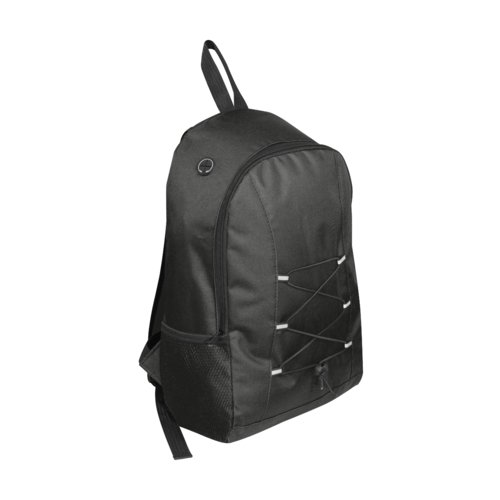 Schwarzer Rucksack mit Reiverschlssen und Seitentasche.
