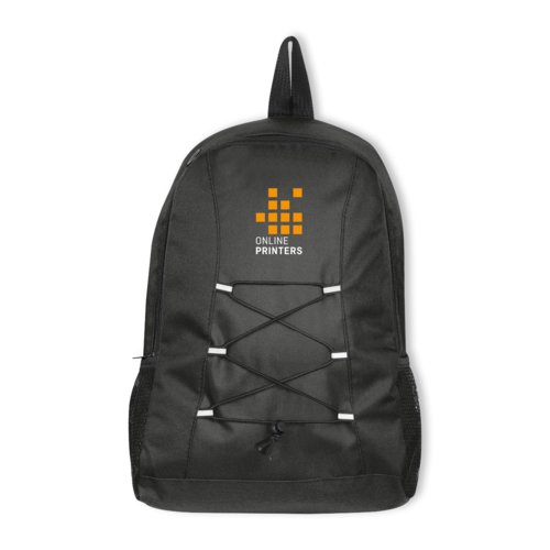 Schwarzer Rucksack mit Kordelzug und Seitentaschen.
