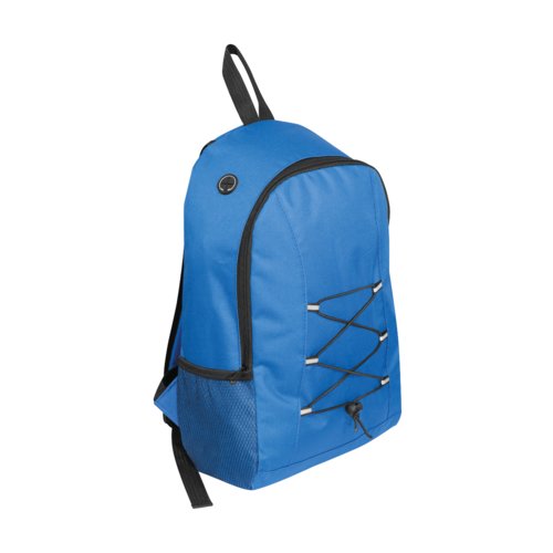 Blauer Rucksack mit verstellbaren Trgern und elastischen Kordeln.
