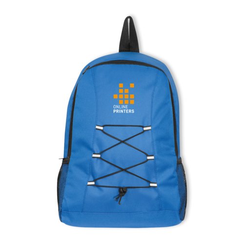 Blauer Rucksack aus Stoff mit Kordelzug und Netzseitentaschen.