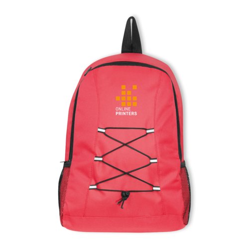 Roter Rucksack mit Kordelzug und Auentasche.
