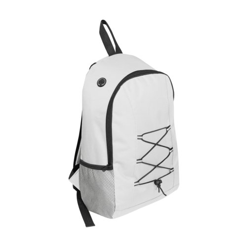Weier Rucksack mit Seitentasche und elastischer Kordel.