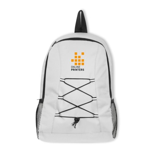 Weier Rucksack aus Polyester mit Kordelzug und Netzseitentaschen.