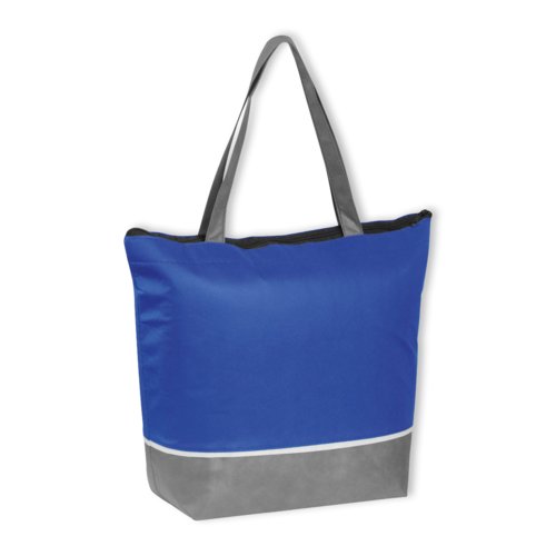 Blaue Khltasche aus Vliesstoff mit Tragegriffen.
