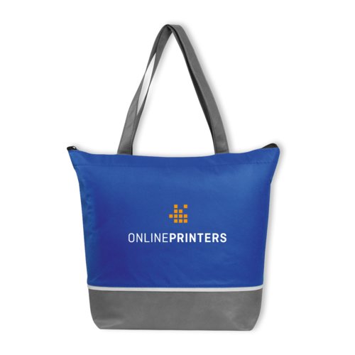 Blaue Khltasche aus Vliesstoff mit Tragegriffen.
