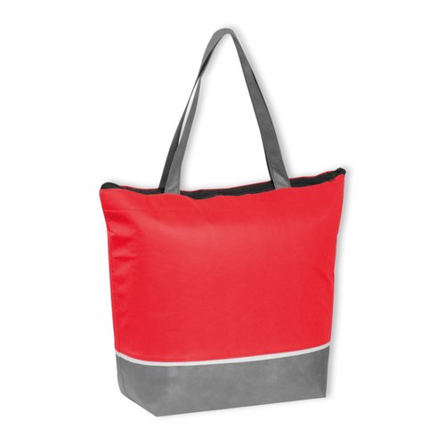 Rote Khltasche aus Vliesstoff mit Reiverschluss und Tragegriffen.