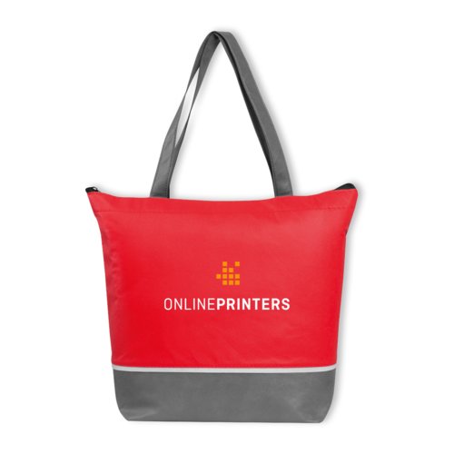 Rote Khltasche aus Vliesstoff mit Reiverschluss und Tragegriffen.