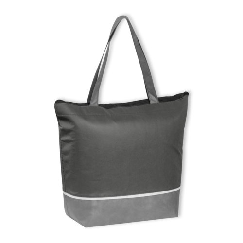 Anthrazitfarbene Khltasche aus Vliesstoff mit Reiverschluss.