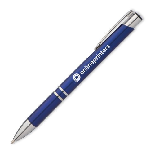 Blauer Metall-Kugelschreiber mit Clip und Druckmechanismus.