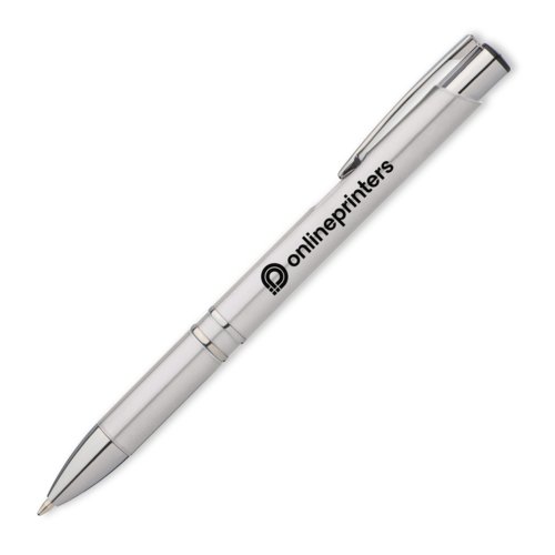 Grauer Muster-Kugelschreiber aus Metall mit Clip und Druckknopf.