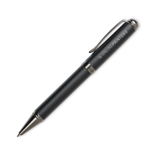 Schwarzer Metall-Kugelschreiber mit Muster, Clip und Druckmechanismus.