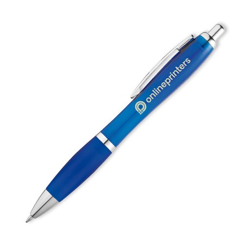 Blauer Kunststoff-Kugelschreiber mit Muster, Clip und Druckknopf.
